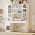 WOODTIME Home Office Computer Desk with Arch Glass Doors Drawers &amp 13 Shelves Modern Wooden Study Writing Gaming Table Workstation White
