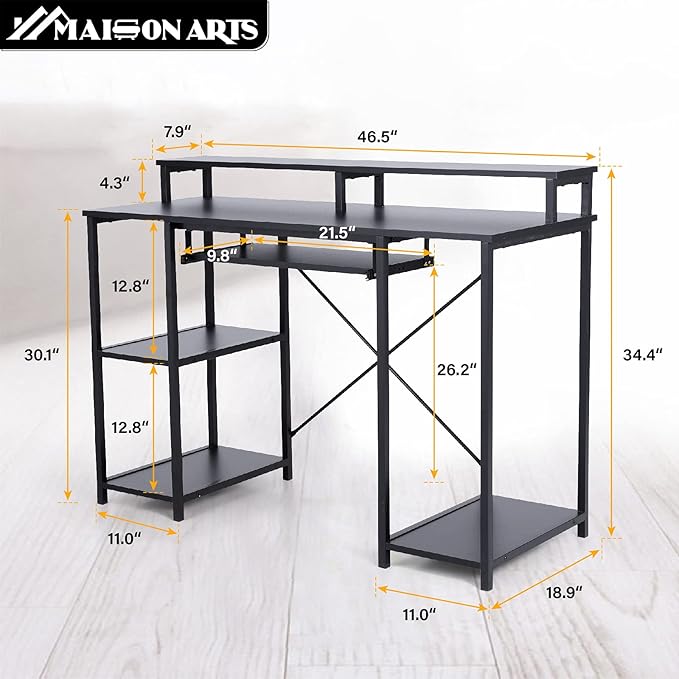 MAISON ARTS Black Computer Desk with Hutch Storage Shelves &amp Keyboard Tray Home Office Writting Large Desk Study Modern PC Table for Bedroom Work Gaming