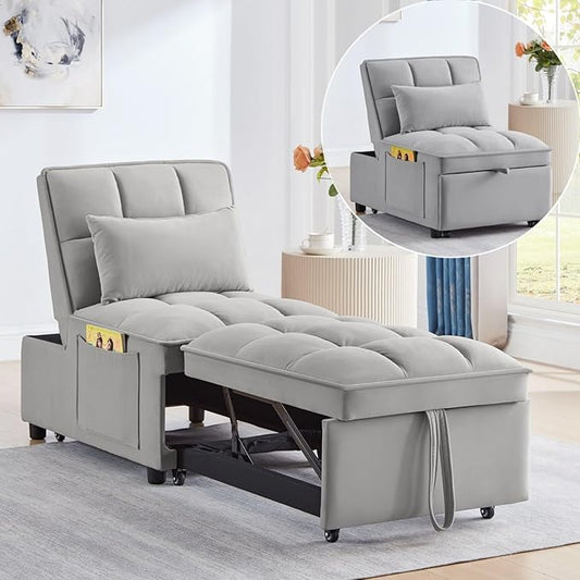 KEIKI Velvet Single Convertible Sleeper Chair Sofa Bed with Adjustable Backrest Pillows &amp Storage Pockets 3 in 1 Pull-Out Couch Chaise Lounge Recliner for Living Room Balcony Bedroom Grey