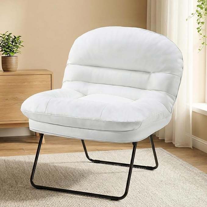 DUMOS Comfy Saucer ChairPU Leather Foldable Chairs for Bedroom Dorm &amp Gaming Fashion Floor Chair with Back Support for Small Spaces New White