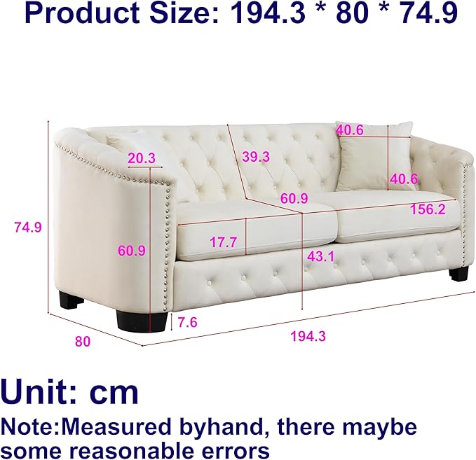2 Piece Modern Chesterfield Velvet 77 3-Seater Sofa SetUpholstered Tufted Backrests with Nailhead Arms and 4 Cushions for Living Room Bedroom ApartmentBeige