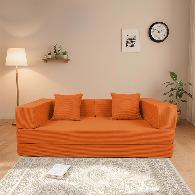5‑in‑1 Futon Sofa Bed Queen–Floor Foldable Convertible Sofa Couch with L‑Shaped Armrests Removable Cover Orange Convertible Guest Bed | Space‑Saving Fold‑Out Mattress Lounge for Living Room/Bedroom
