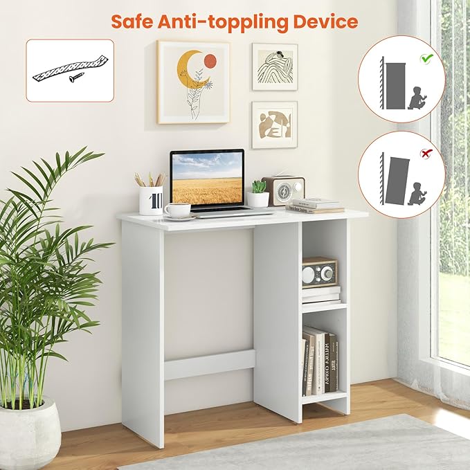 Giantex Small White Desk Compact Study Writing Desk with 3-Position Adjustable Shelf Anti-Toppling Kit Modern PC Laptop Table Home Office Computer Workstation for Small Space Bedroom Dorm