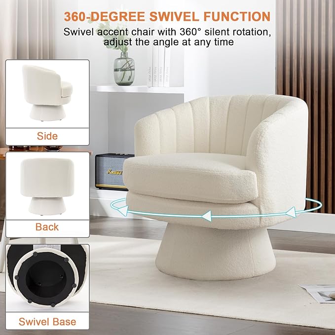ANJ Swivel Accent Chair Modern Cozy Lambswool Accent Chair Comfy Round Armchiars 360 Degree Swivel Barrel Chairs for Living Room Bedroom Office Beige