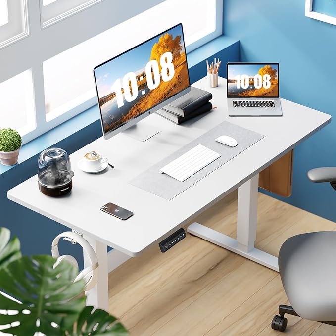 Sweetcrispy Electric Standing Desk Adjustable Height 48x24 Inch Sit Stand Up Home Office Desks Computer Workstation PC Work Table with 3 Memory Preset Splice Wood Board Metal Frame White