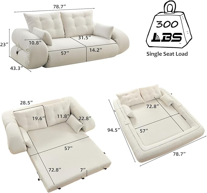 78.7 Folding Sofa Bed3-in-1 DIY Convertible Sleeper SofaTeddy Velvet Couch Bed with ArmrestFoldable Mattress with Back SupportQueen Size Floor Sofa Bed for Living Room Bedroom(Beige)