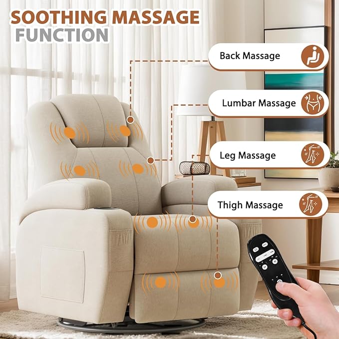 Flamaker Swivel Rocker Recliner Chair with Vibration Massage 360° Swivel Recliner Chairs for Adults Ergonomic Lounge Chair with Cup Holders Lazy Boy Recliner Single Sofa Seat (Fabric Khaki)