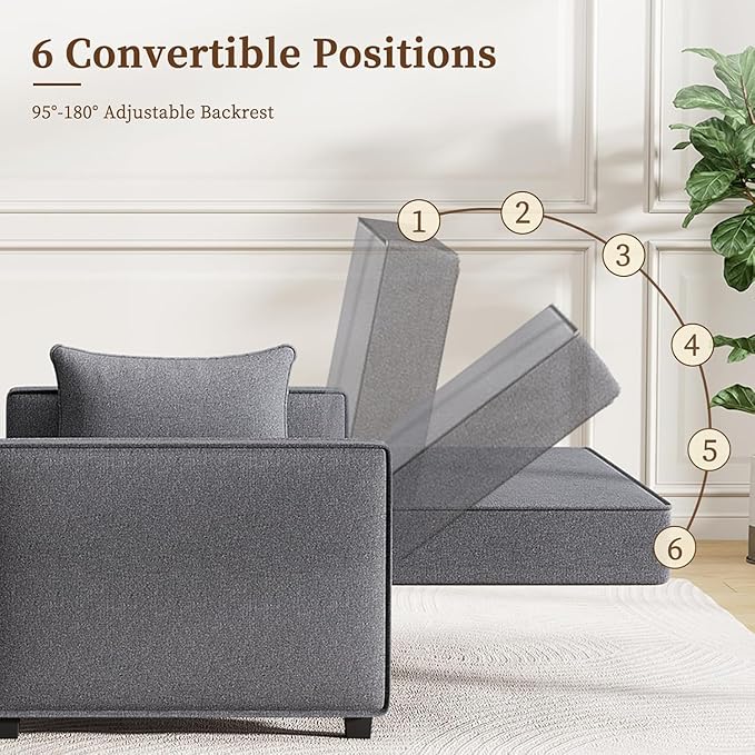 Furnimart Convertible 3-in-1 Sofa Bed with Adjustable Backrest Metal Frame Pull Out Couch Loveseat Sleeper Linen Sleeper Sofa for Living Room Apartment Small Space (Gray)
