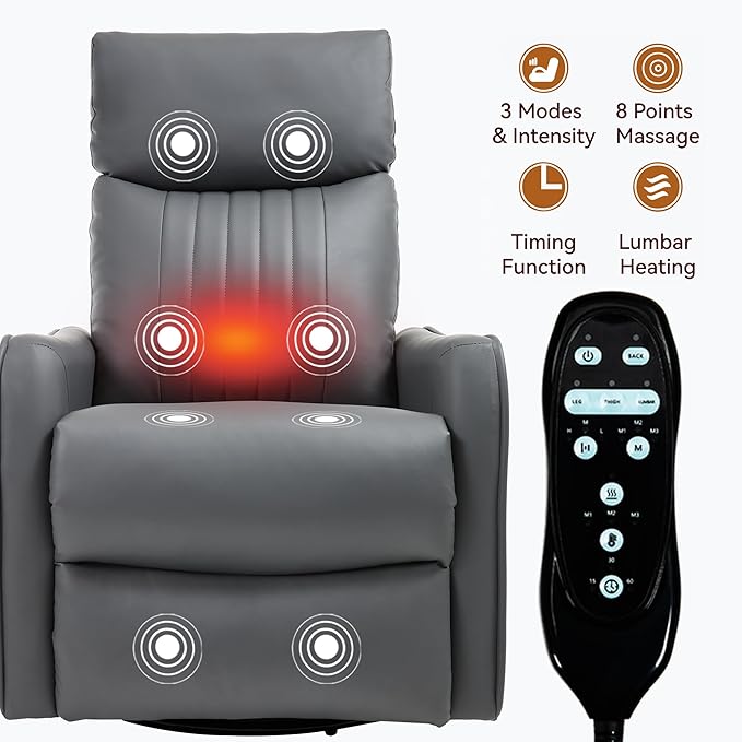 High Back Massage Recliner with Heat - Swivel Rocking Chair for Small Spaces Manual Lazy Boy Recliner for Adults Perfect for Living Room &amp Bedroom Soft Fabric (Grayish Green)