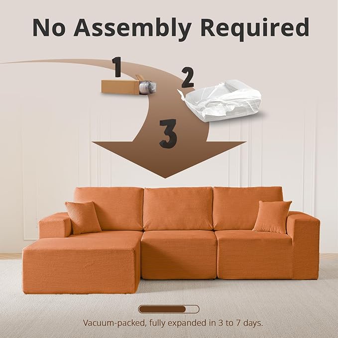 108 L-Shaped Boneless Couch High Seat Modular Sectional Sofa with Moveable Ottoman Corduroy Cloud Couches for Living Room No Assembly Ship in a Box Orange