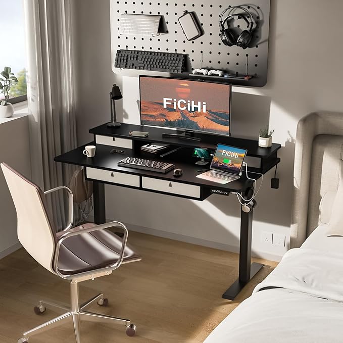 FiCiHi Adjustable Height Standing Desk with 4 Drawers48 x 30 inches Electric Sit Stand Home Office Desk with Two Tiers 3 Memory Presets Monitor Stand Riser USB A/C Charging Port