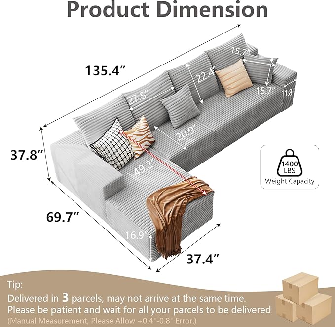 135.4 Cloud Sectional Couch with L-Shape Chaise Modern Modular 4-Seater Sofa with Deep Seat Corduroy Upholstered Couches for Living Room Bedroom No Assembly Required(Grey Left Facing)