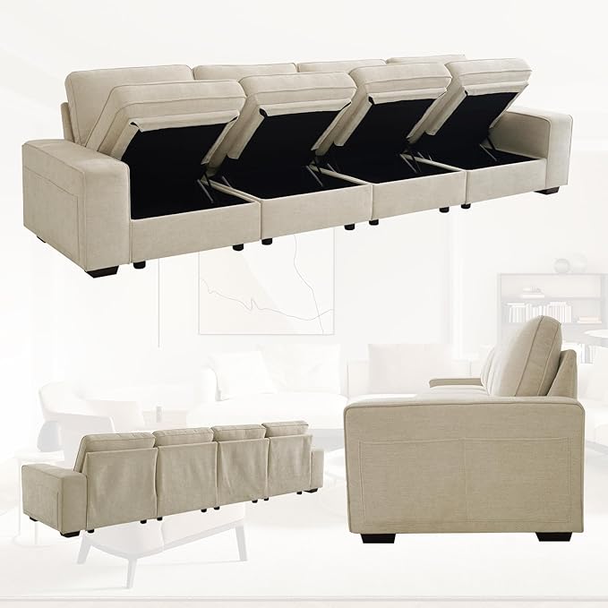 129 4-Seater Modular Sectional Sofa Modern Comfy Chenille Couch with Removable Chenille Washable Cover Seat Storage and USB Charging for Living Room Office Apartment Easy to Install Beige