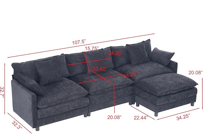 108 L-Shaped Modular Sectional Sofa with Ottoman Modern Cloud Couch Chenille Deep Seat 3-Seater for Living Room Solid Wood Frame &amp Easy Assembly (Black 3 Seat)