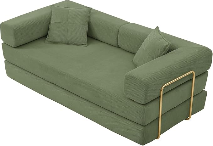 79 Inch Convertible Folding Sleeper Sofa Bed Modern Corduroy Futon Sofa Fold Out Couch Bed with Metal Fixed Frame Modular Comfy Boneless Couches Floor Sofas for Living Room Olive Green