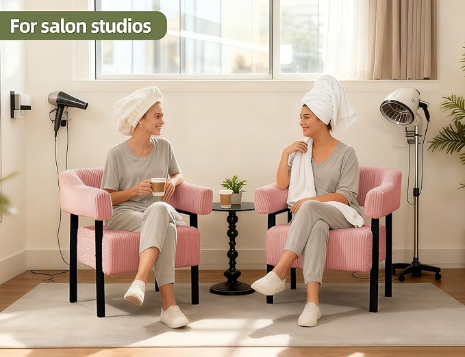 Mistpeople Corduroy Barrel Accent Chair Modern Upholstered Armchair with Metal Legs Cozy Corner Chair for Living Room Bedroom Vanity Office Reading Nook Pink Blackleg
