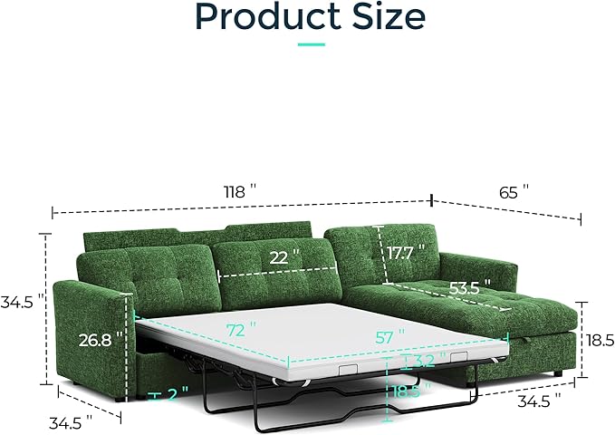 LINSY Oversized Sectional Sleeper Sofa 118 Pull Out Couch with Storage Chaise Convertible Sofa Bed with Memory Foam Topper Comfy L Shaped Couches for Living Room Apartment Dorm Room Green