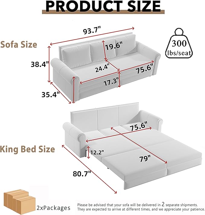 93.7 King Pull Out Sofa Bed Velvet Sleeper Sofa Couch 3 in 1 Convertible Futon Couches for Living Room Small Space Apartment Office Bedroom Modern Rivet Armrest Blue