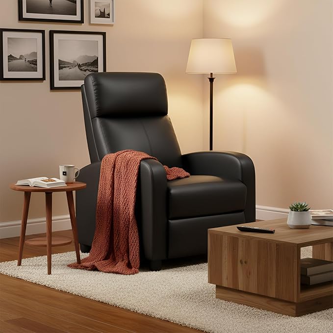 BestMassage Recliner Chair with Adjustable Backrest &amp Footrest PU Leather Armchair with Lumbar Support for Living Room Home Theater Bedroom (Dark Black)