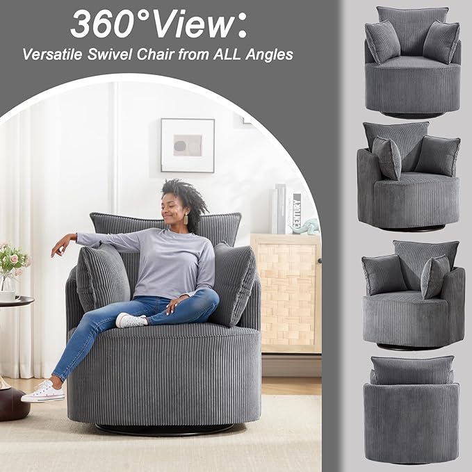 Swivel accent chairSwivel barrel chairReclining armchairs for bedrooms Swivel chairUpholstered Living Room Chair Corduroy Reading Chair Single Sofa Chair for Bedroom Apartment Office(Modern Grey)