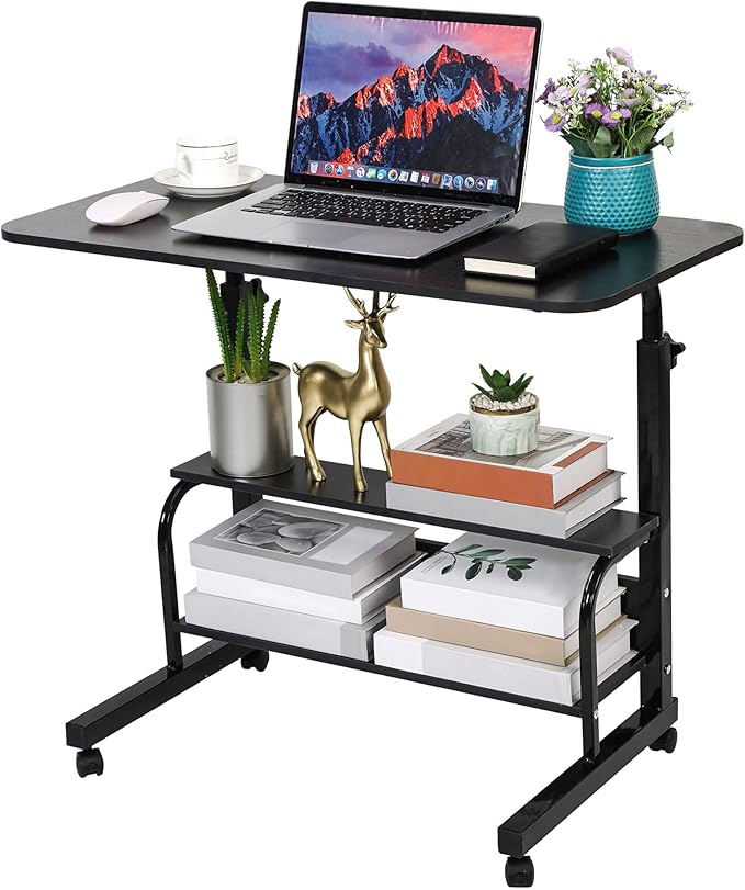 Home Office Desk Movable Bedroom Adjustable Table Modern Small Study Laptop Computer for Living Room Couch Portable Spaces with Wheels Storage Furniture 31.5x15.7 Black