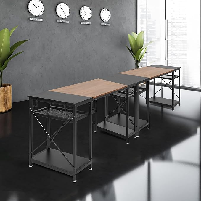 LUCKYERMORE 47 Inch Home Office Computer Desk Small Study Writing Desk with Storage Shelves &amp 4 Hooks Rustic Black Design Perfect for Small Spaces