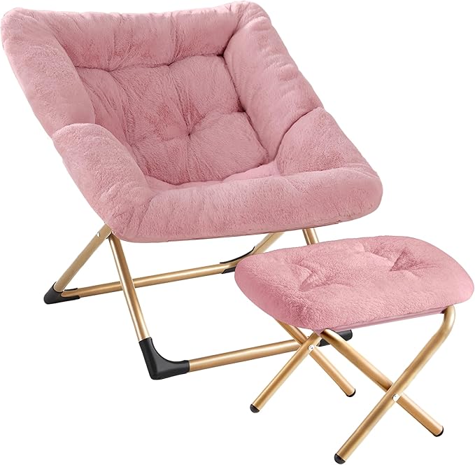 Comfy Oversized Saucer Chair with OttomanSoft Faux Fur Reading Lounge Chair for AdultsStable X-Large Metal Frame and Non-Slip PadCozy Chair for Bedroom Living Room Dorm Office Pink