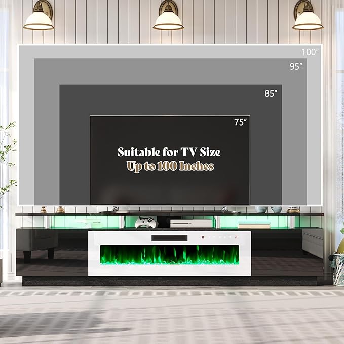 AMERLIFE 90 2 Tier Fireplace TV Stand with 50 Fireplace Modern Large Entertainment Center LED Lights Media Console Table Storage Cabinet for TVs Up to 100 Living Room Black &amp White