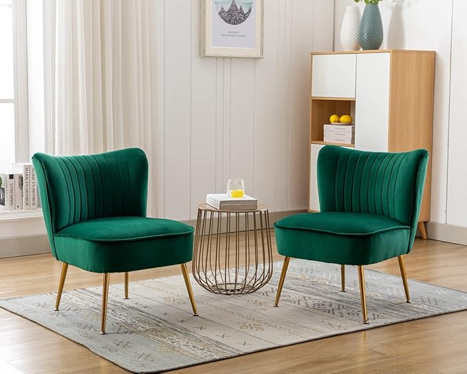 Cimota Velvet Accent Chairs Set of 2 Modern Armless Slipper Wingback Single Sofa Side Comfy Corner Chair with Golden Legs for Living Room Bedroom Green