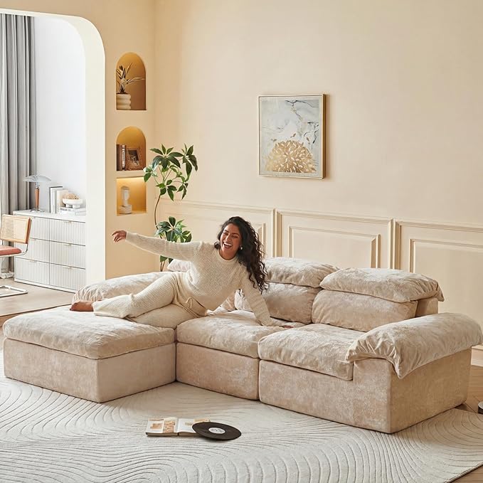 115.7 L Shaped Modular Sectional Sofa with Ottoman Cloud Boneless Couch Upholstered Sofa in a Box Flexible Module Combination for Living Room No Assembly Beige