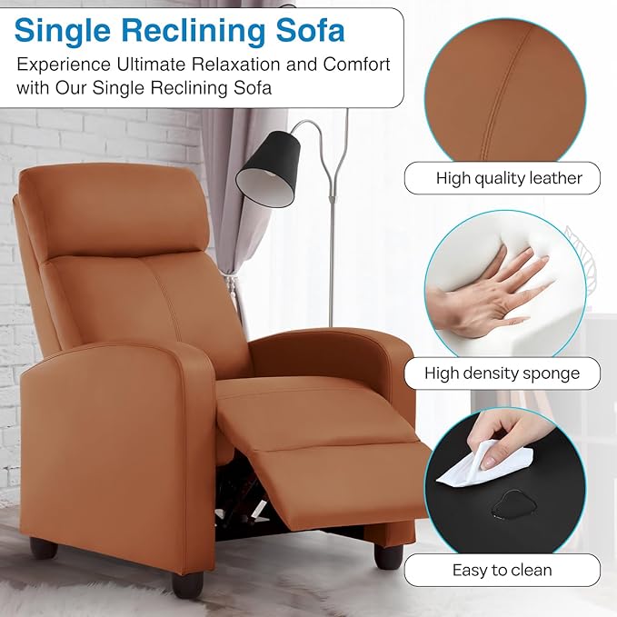 Recliner Chair PU Leather Reclining Sofa Lounge Home Theater Seating with Lumbar Support Overstuffed High-Density Sponge Push Back Recliners Armchair for Living Room Tan