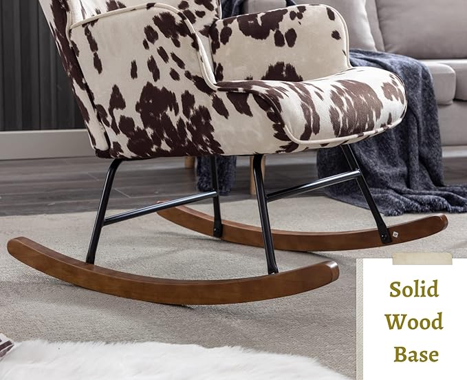 EALSON Nursery Rocking Chair Fabric Upholstered Rocker Chair Tufted Wingback Accent Chair with Wooden Base Modern Comfy Lounge Armchair for Bedroom Living Room Cow