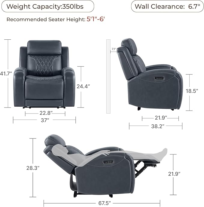 CHITA Genuine Leather Recliner Chair for Adults with Adjustable Power Headrest Lay Flat Power Recliner with Slide-Out Cupholders &amp USB/Type-C Ports Living Room Chair Navy Blue