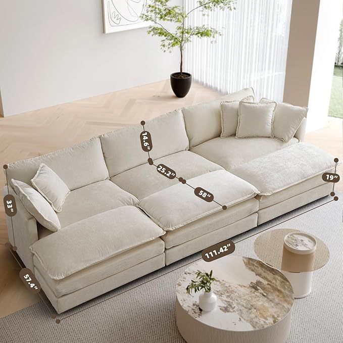SoarFlash Chenille Sectional Sofa Comfy Modular Coush Sofa with Ottoman Modern 3 Seat Recliner Deep Seat Sofa Set for Living RoomLight Coffee