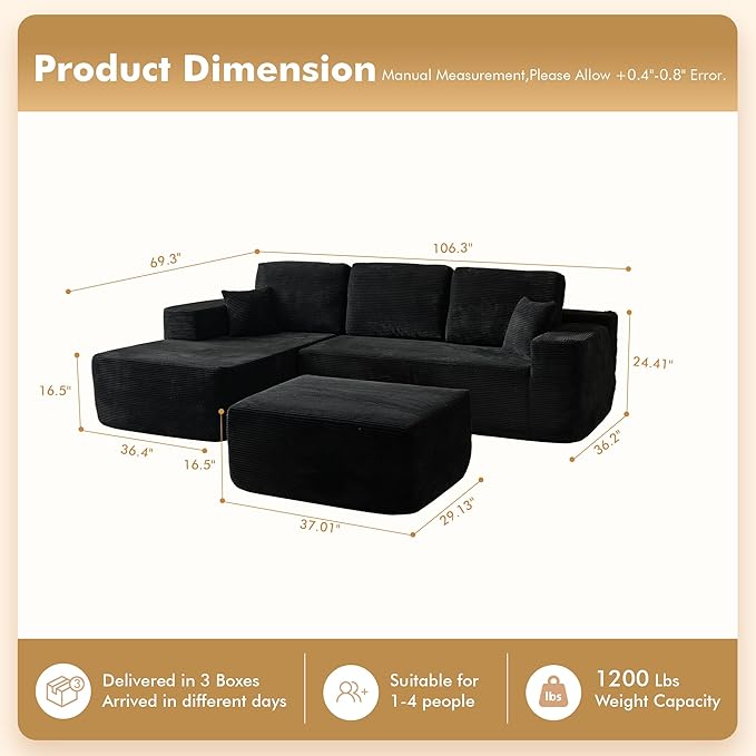 106 Cloud Sectional Couch with L-Shape Chaise &amp Ottoman No Assembly Modular Sofa Deep Seat Corduroy Boneless Couched for Living Room (Black Stripe Corduroy L Shape with Ottoman-Left Facing)