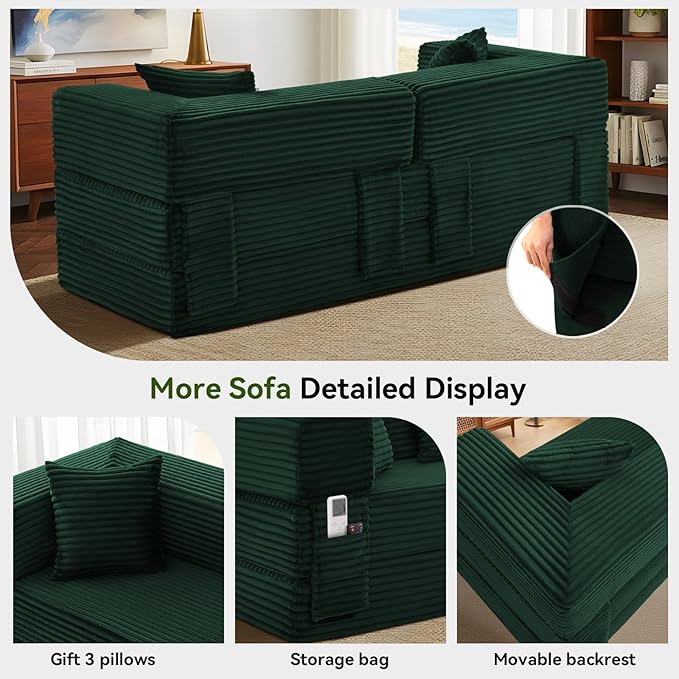 5-in-1 Folding Convertible Sofa Bed 78 Inch Corduroy Boneless Couch Loveseat Sleeper with Pull Out Bed Floor Sofa Modular Futon Couch for Living Room Small Place No Assembly Deep Green