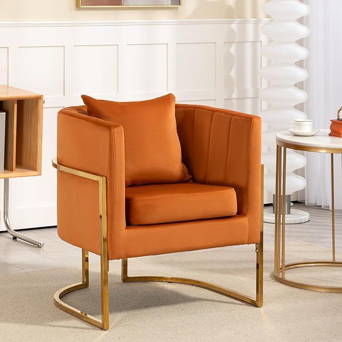 Velvet Modern Accent Chair Upholstered Barrel Armchair Mid Century with Pillow for Living Room Comfy Single Vanity Chair with Metal Gold Legs for Bedroom Orange