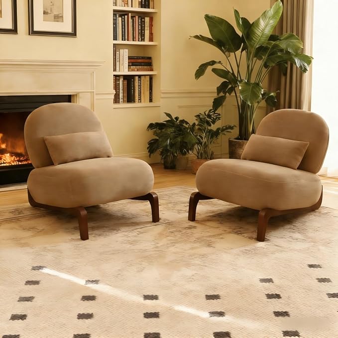 HAZO Cute Accent Chair with Solid Wood Legs Velvet Living Room Chair with Soft Cushion Cozy Bedroom Chair Comfy Armless Reading Chair for Apartment Waiting Room Balcony (Camel-2pcs)