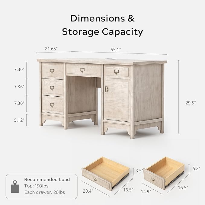 55 Farmhouse Executive Desk Solid Wood Painted Home Office Desk with Charging Station 5 Drawers Storage Cabinet Computer Writing Table for Work Study Writing Grey