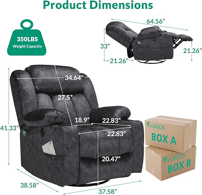 VIVIJASON 360° Swivel Rocker Recliner Chair for Adults Overstuffed Manual Glider Rocker Recliner with Heat &amp Vibration 2 Cup Holders Side Pockets &amp USB Ports for Living Room Plush Gray
