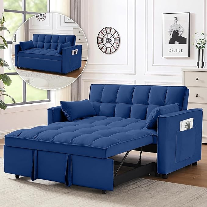 3 In 1 Velvet Convertible Sofa Bed Pull Out Couch Bed with Reclining Backrest And 2 Pillows 54 Full Size Loveseat Sleeper Sofa Futon Couch Beds Couches For Small Spaces Living Room (Dark Blue)