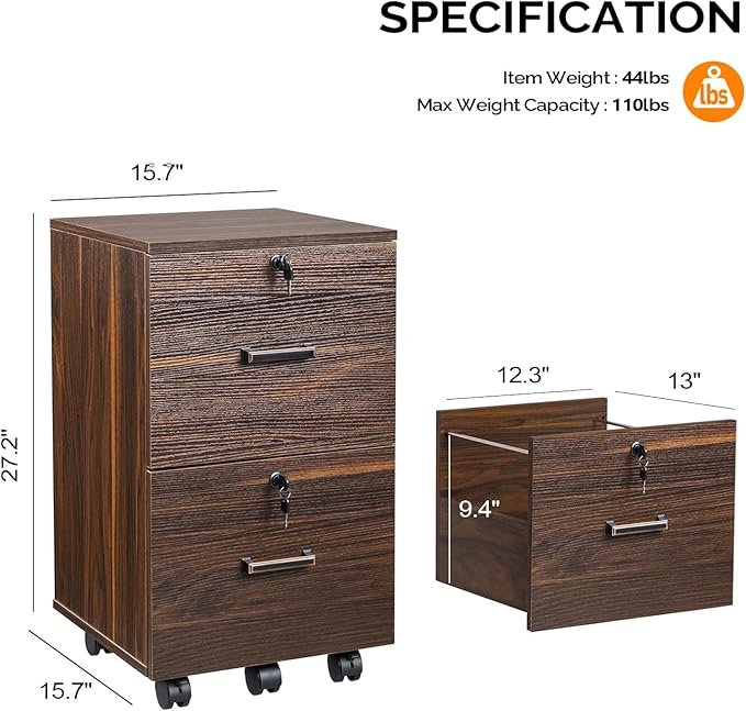 VINGLI 2 Drawer File Cabinet with Lock Wood Dark Brown File Cabinets for Letter Size File Folders with Tabs Under Desk Rolling Filing Cabinet for Home Office Mobile File Organizer Printer Stand