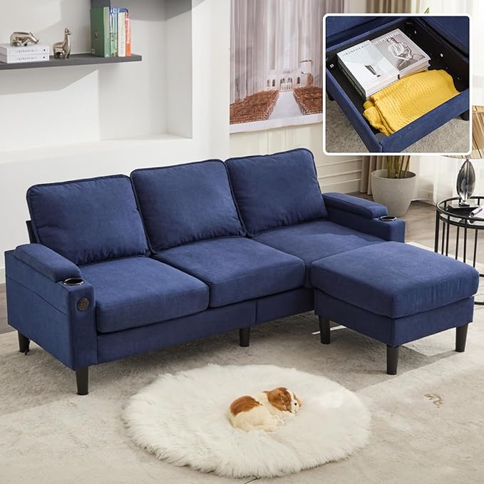 78 3 Seater Couch with Storage Ottoman/Cup Holders/USB Gray Small Sectional Couches for Living Room Cloud l Shaped Sofa for Small Spaces Apartment (Blue)