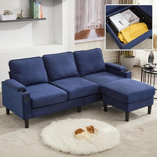 78 3 Seater Couch with Storage Ottoman/Cup Holders/USB Gray Small Sectional Couches for Living Room Cloud l Shaped Sofa for Small Spaces Apartment (Blue)