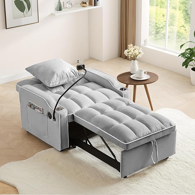 Convertible Sleeper Sofa Chair Bed 3 in 1 Velvet Single Small Futon Sofa Bed with Phone Holder &amp USB PortsPull Out Couch Recliner with Adjustable Backrest for Living Room Office Small Place(Gr