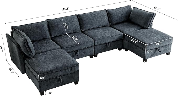 ORRD Oversize Modular Sectional Sofa Set Convertible U Shaped Couch with Storage 6 Seater Sofa Modular with Ottomans and Reversible Chaise for Living Room Office (Blue Grey)