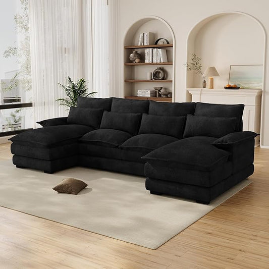 OUYESSIR 110 U Shaped Cloud Sectional Sofa with Deep Seat Cushions Modern Comfy Chenille Couch 4 Seater Fluffy Sectional Couches for Living Room with Double Chaise(Black)