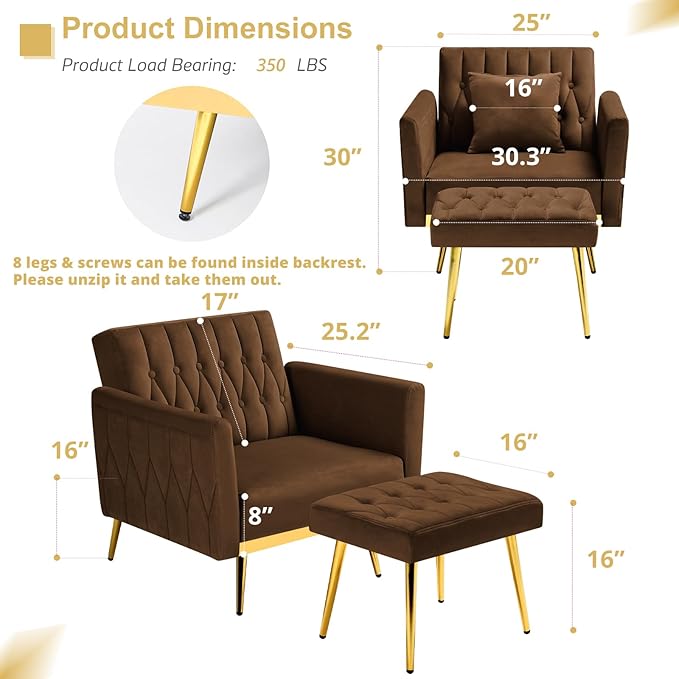 2 Pieces Velvet Sofa Set with Adjustable Armrest and Backrest 70” Convertible Futon Sofa Bed &amp Mordern Accent Chair with Ottoman for Living Room Bedroom Brown