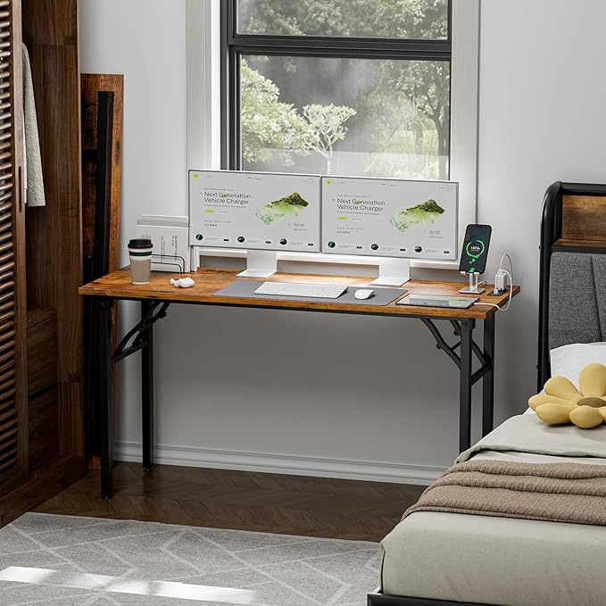 TEMI Long Computer Desk Folding Table - No Assembly Compact 55 Foldable Desk with Power Outlets &amp USB Charging Port Portable Lagre Office Desk Ideal Large Study Table for Narrow Spaces Brown