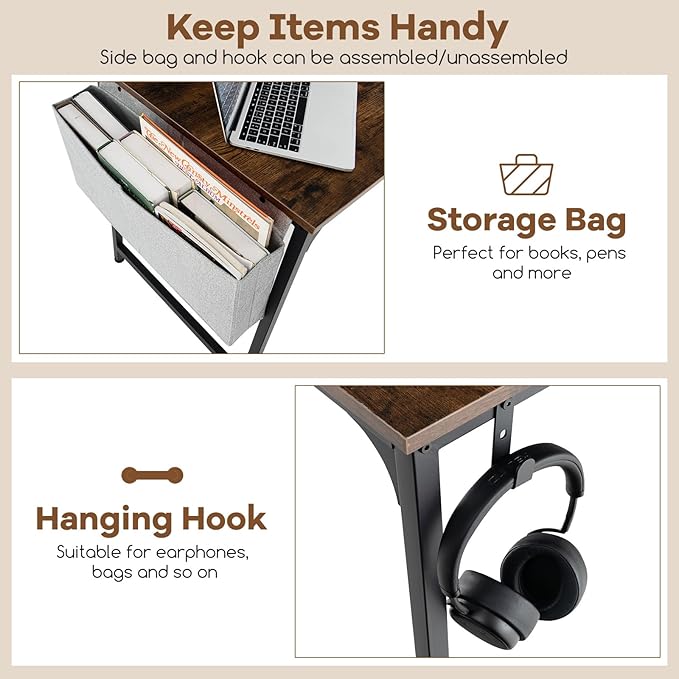 Tangkula 32” Computer Desk with Charging Station Modern Simple Study Writing Desk with Storage Bag Headphone Hook Sturdy Metal Frame Home Office Workstation